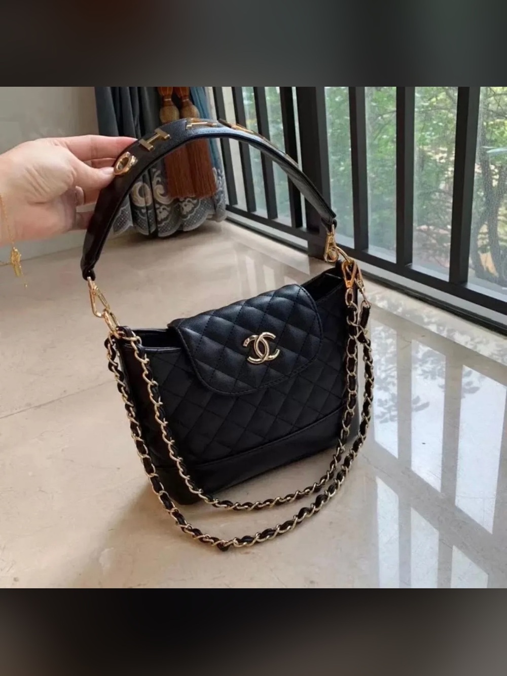 GWP CHANEL Black Quilted Leather Shoulder Bag with Gold Lettering Strap. - Picture 2 of 7
